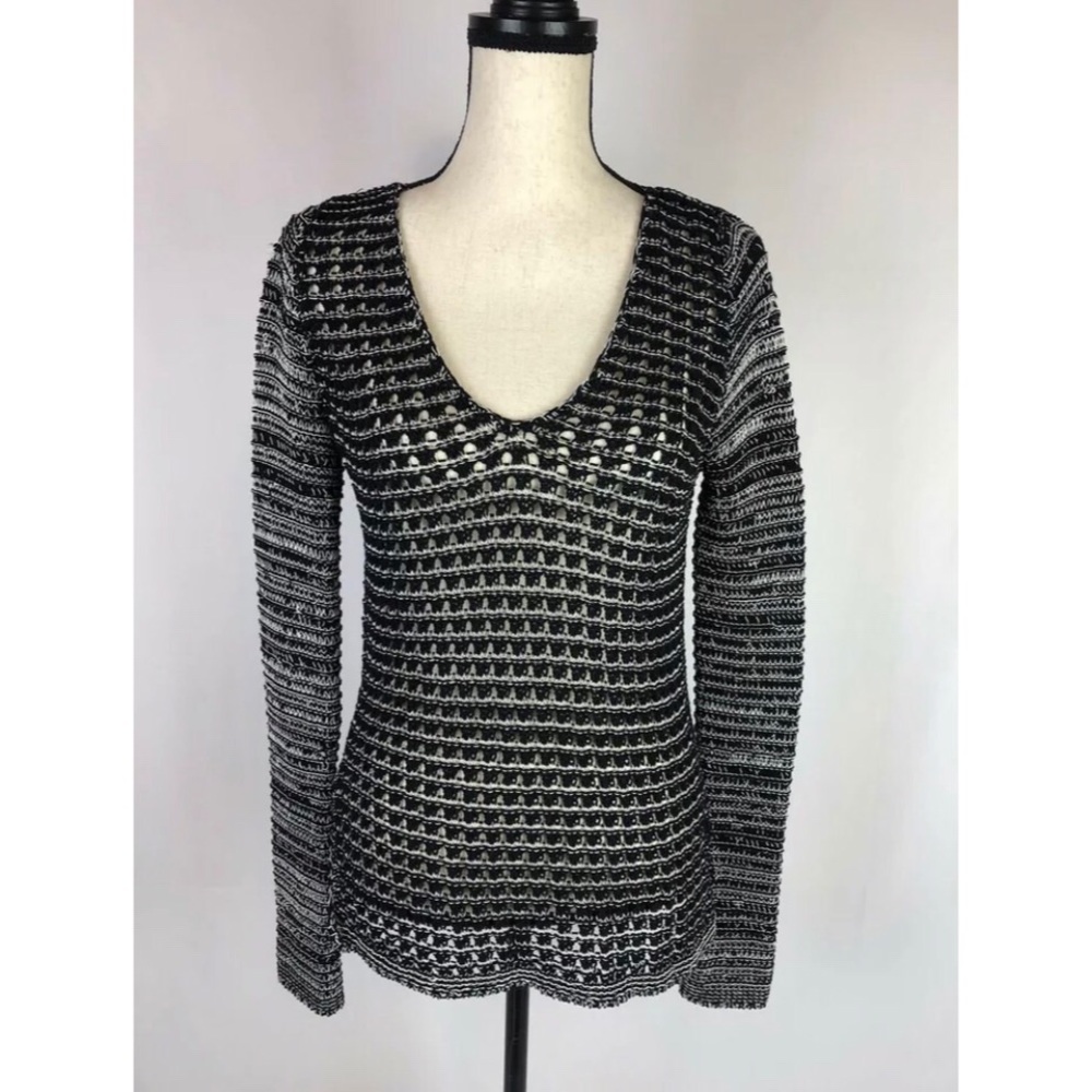 Helmut Lang Black White Open Knit Woven Mesh Top